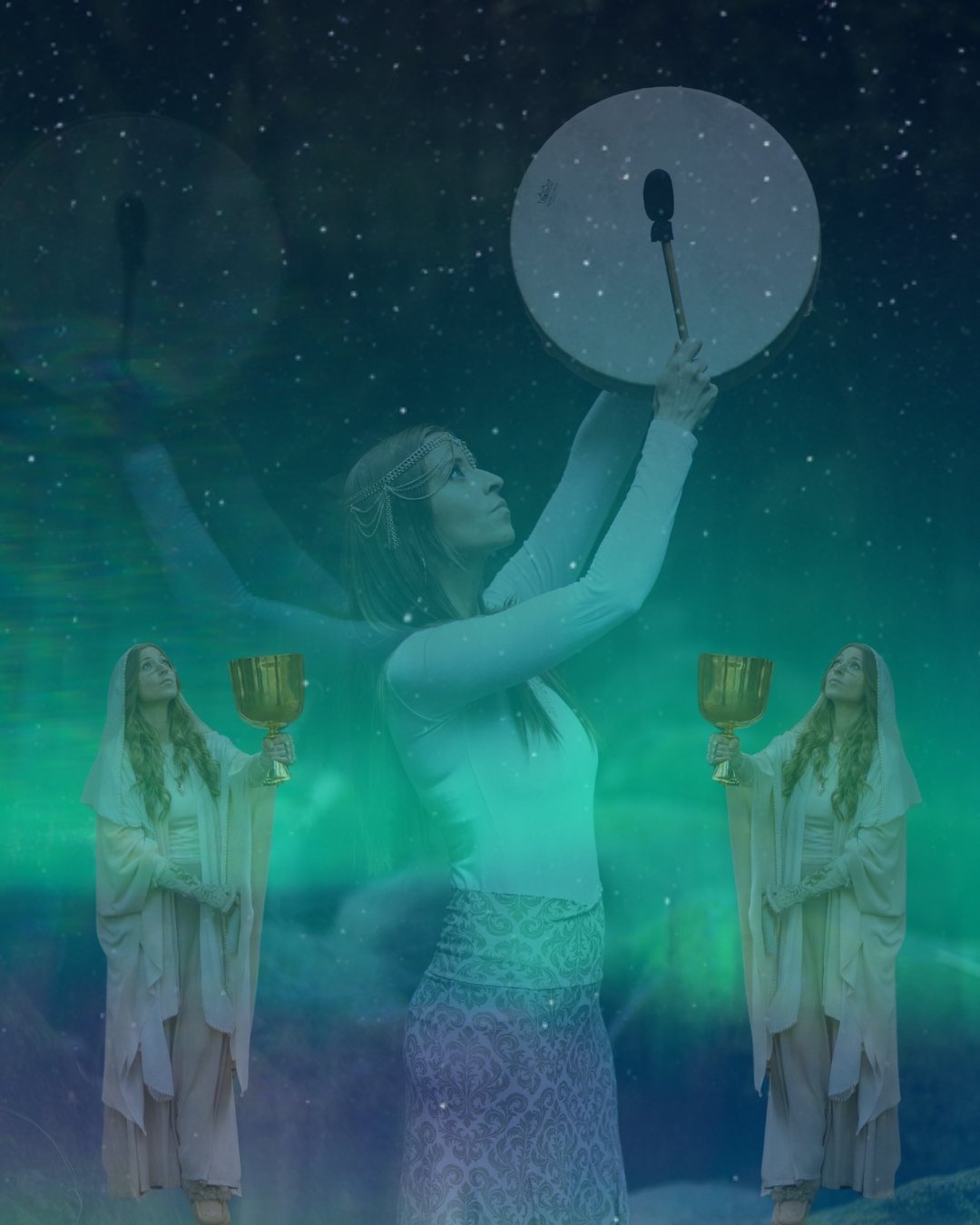Leanne raising a frame drum beneath a starry, aurora-lit sky, holding golden chalice singing bowls